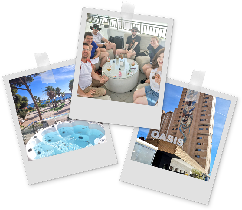 Three images of Team LNOF in Benidorm, at the Oasis Apartments with a jacuzzi