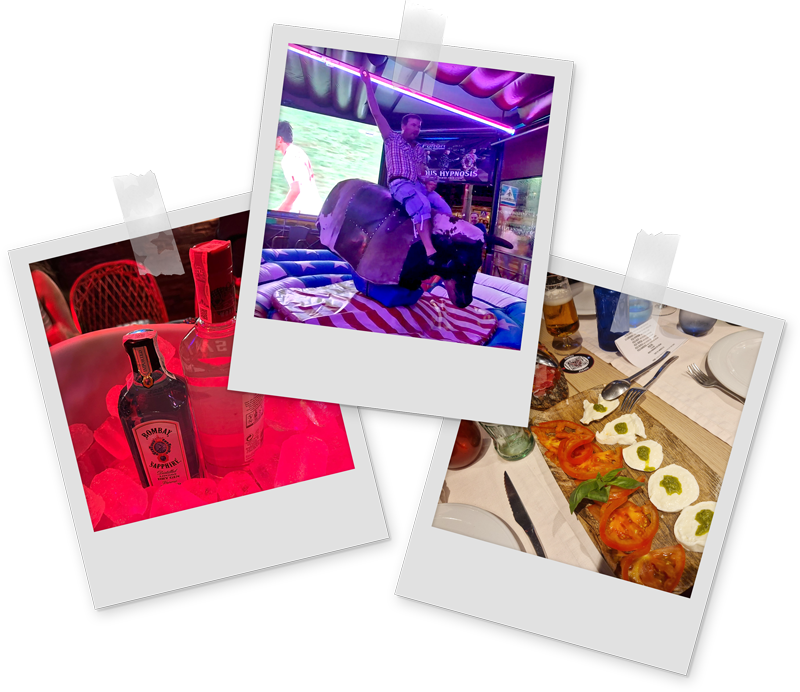 Three images of Team LNOF in Benidorm, with food, bottles of alcohol and one member riding a mechanical bull