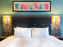 A double room teal walls