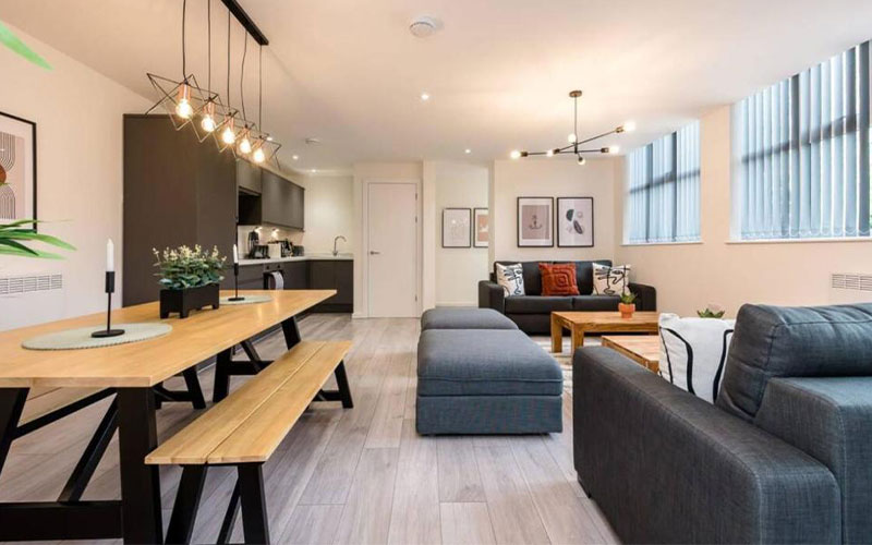 The spacious open plan living, dining and kitchen area 