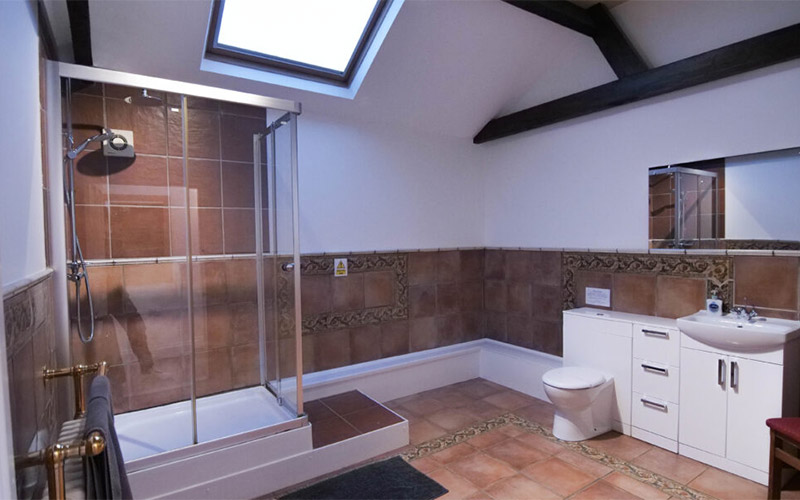 Shower room with quaint tiling and wooden ceiling beams 