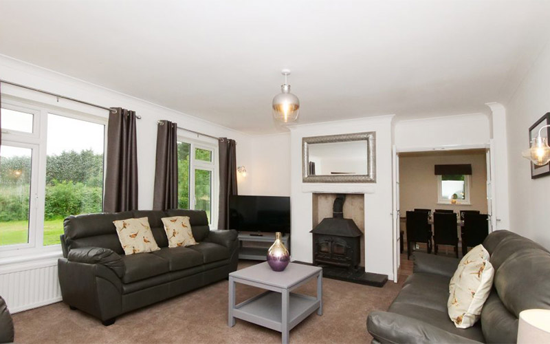 The lounge with quaint wood burner and a flatscreen TV 