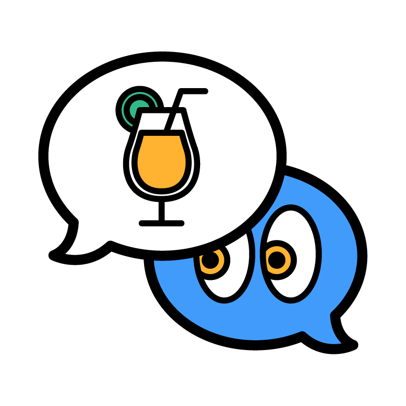 An illustrated icon of chat bubbles with eyes and a cocktail