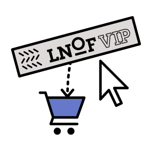 An icon with a shopping cart, a computer mouse pointer and a wristband that reads LNOF VIP.