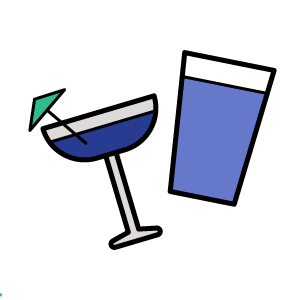 A cartoon cocktail, with a little umbrella, and a cartoon beer.