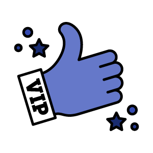 A purple icon of a thumbs up and some stars with a box that has text in it reading VIP.
