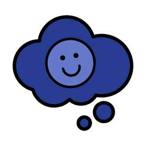 A purple icon in the shape of a thought bubble with a smiley face in the middle.