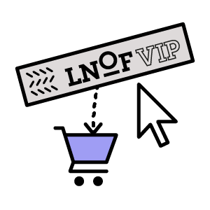 An icon with a shopping cart, a computer mouse pointer and a wristband that reads LNOF VIP.