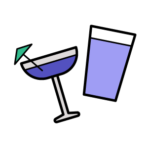 A cartoon cocktail, with a little umbrella, and a cartoon beer.