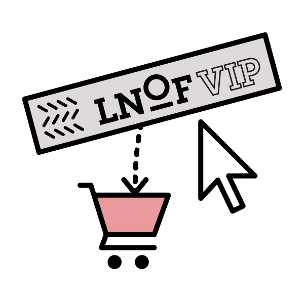 An icon with a shopping cart, a computer mouse pointer and a wristband that reads LNOF VIP.