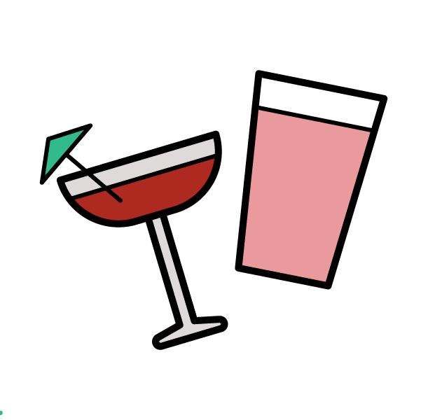 A cartoon cocktail, with a little umbrella, and a cartoon beer.