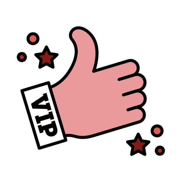 A purple icon of a thumbs up and some stars with a box that has text in it reading VIP.
