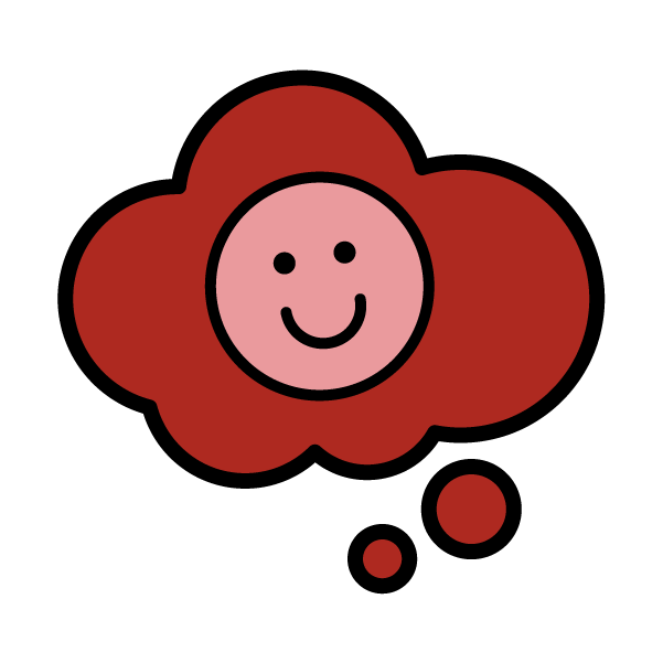 A purple icon in the shape of a thought bubble with a smiley face in the middle.