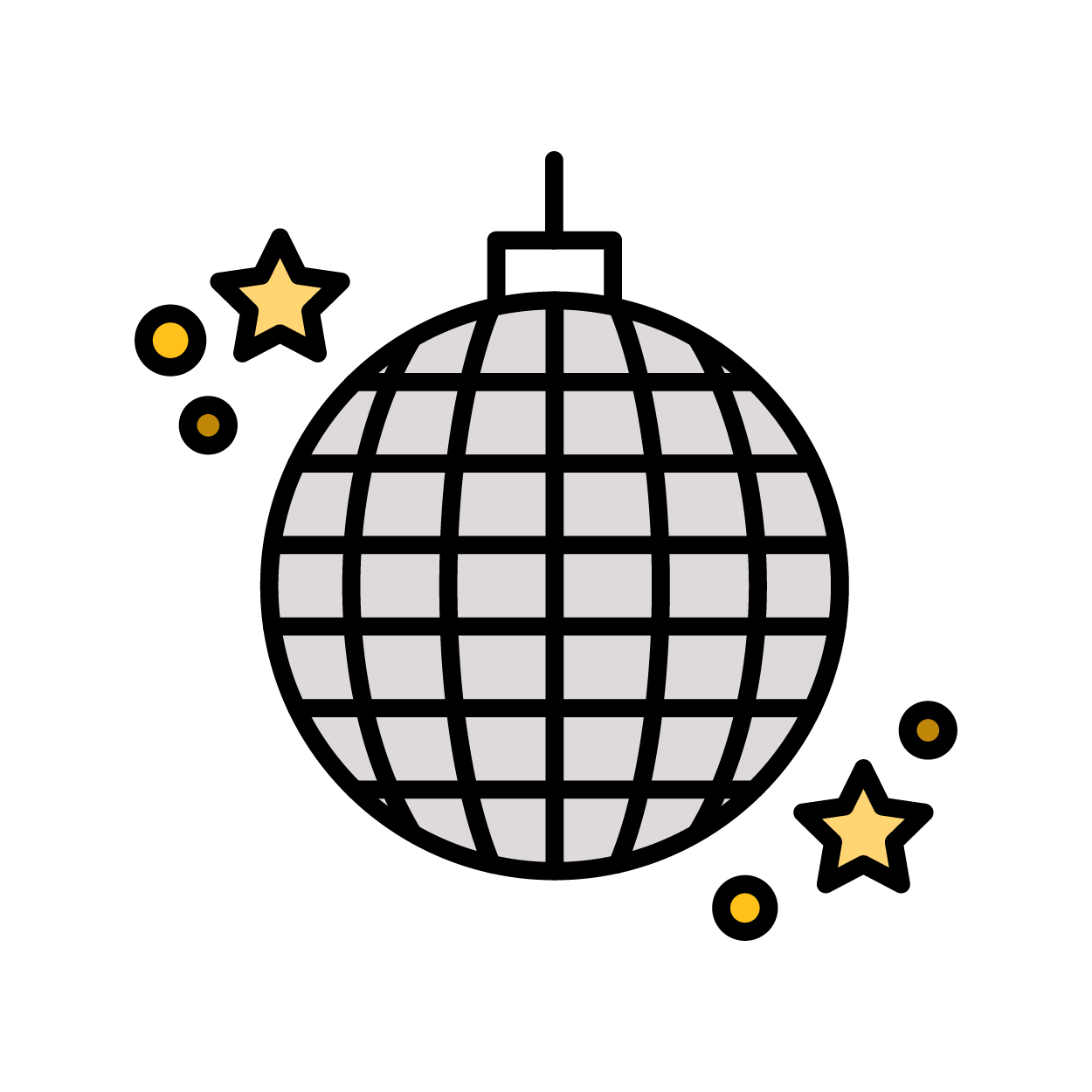 An icon of a disco ball with stars around it.