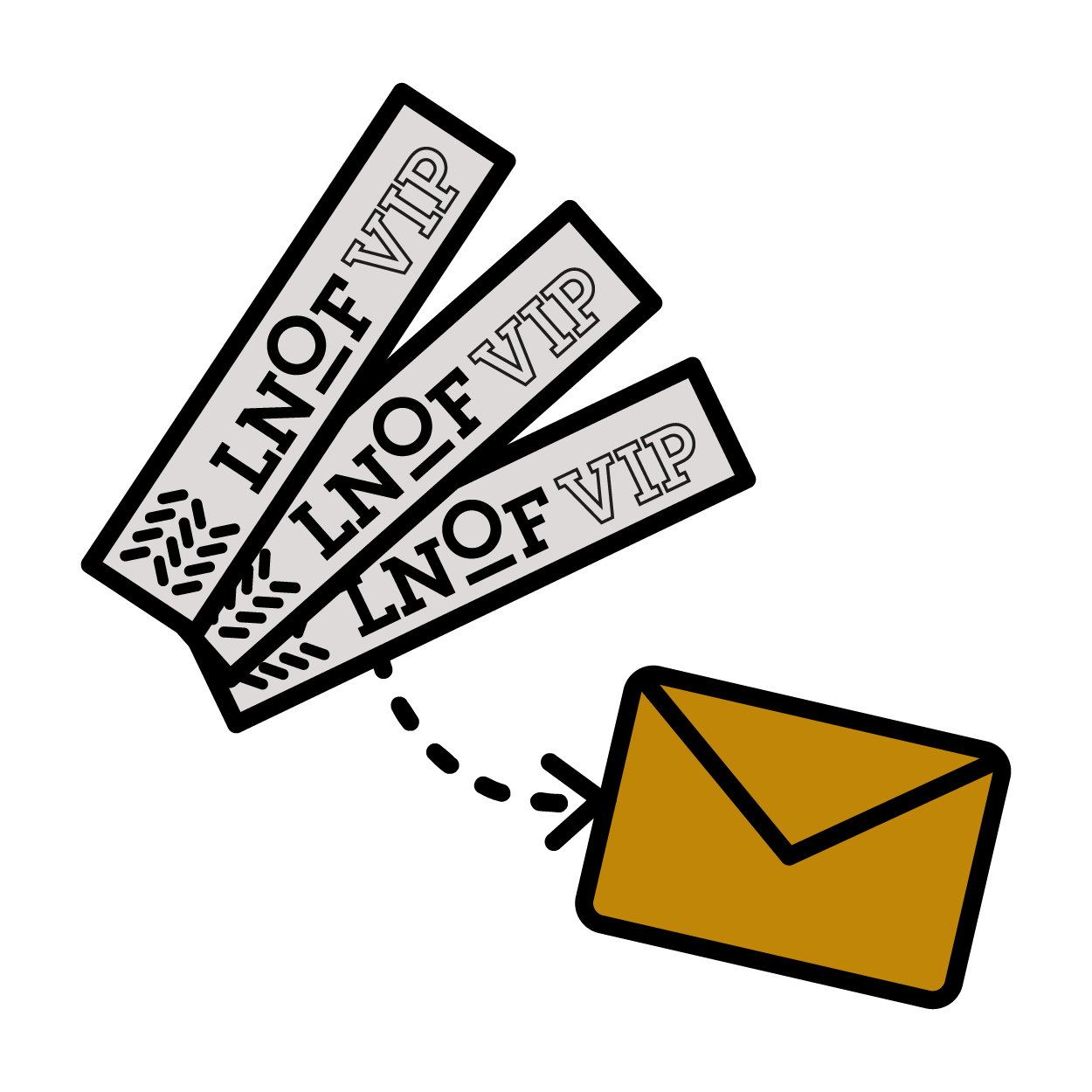 An icon of three LNOF wristbands and an arrow to a purple envelope.
