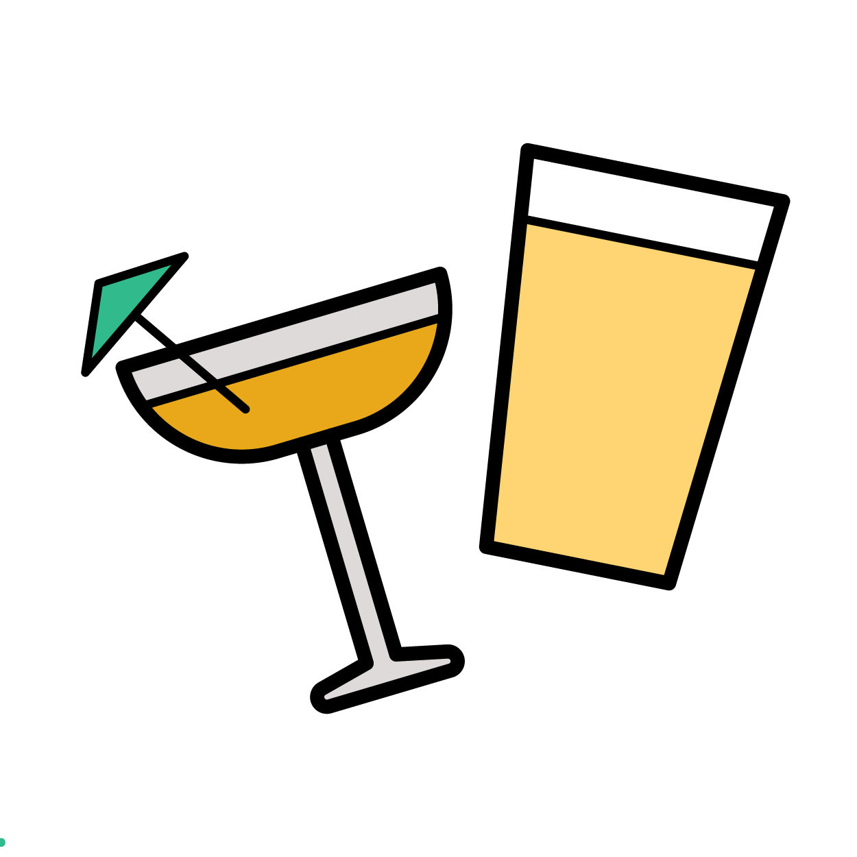 A cartoon cocktail, with a little umbrella, and a cartoon beer.