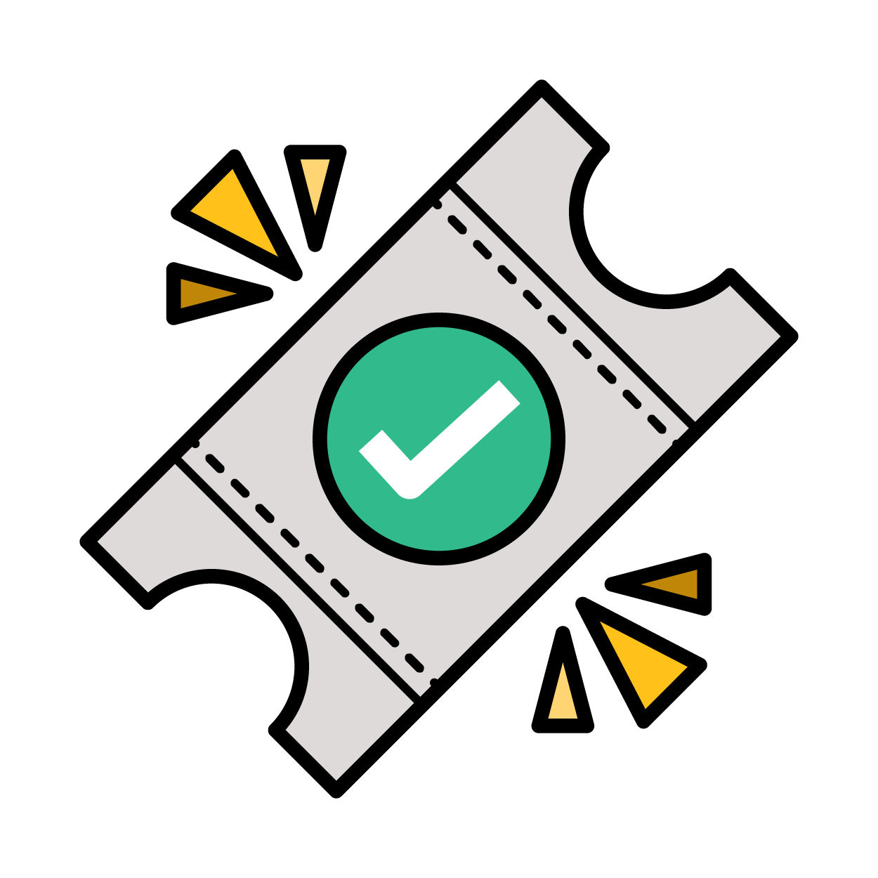 A ticket with a green tick in the middle.