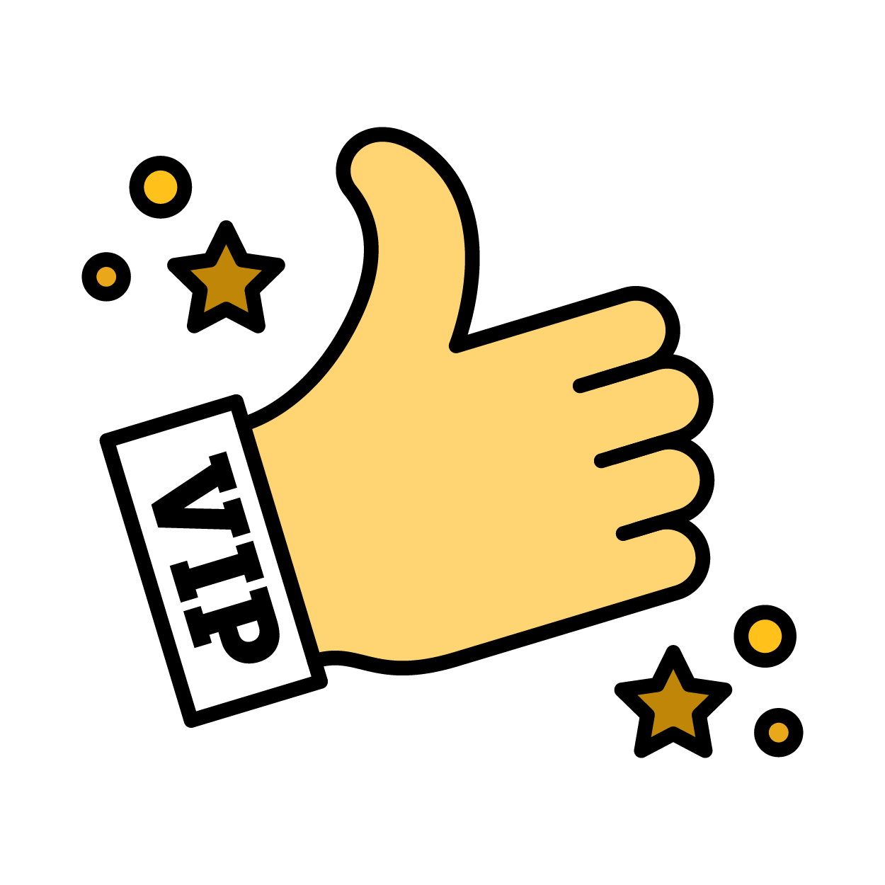 A purple icon of a thumbs up and some stars with a box that has text in it reading VIP.
