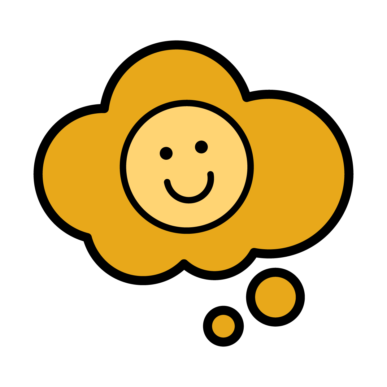 A purple icon in the shape of a thought bubble with a smiley face in the middle.