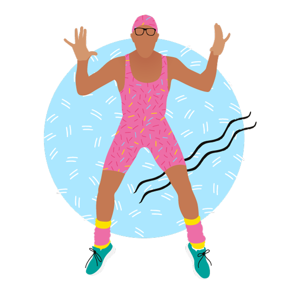 An illustrated image of Mr Motivator jazz hands pose