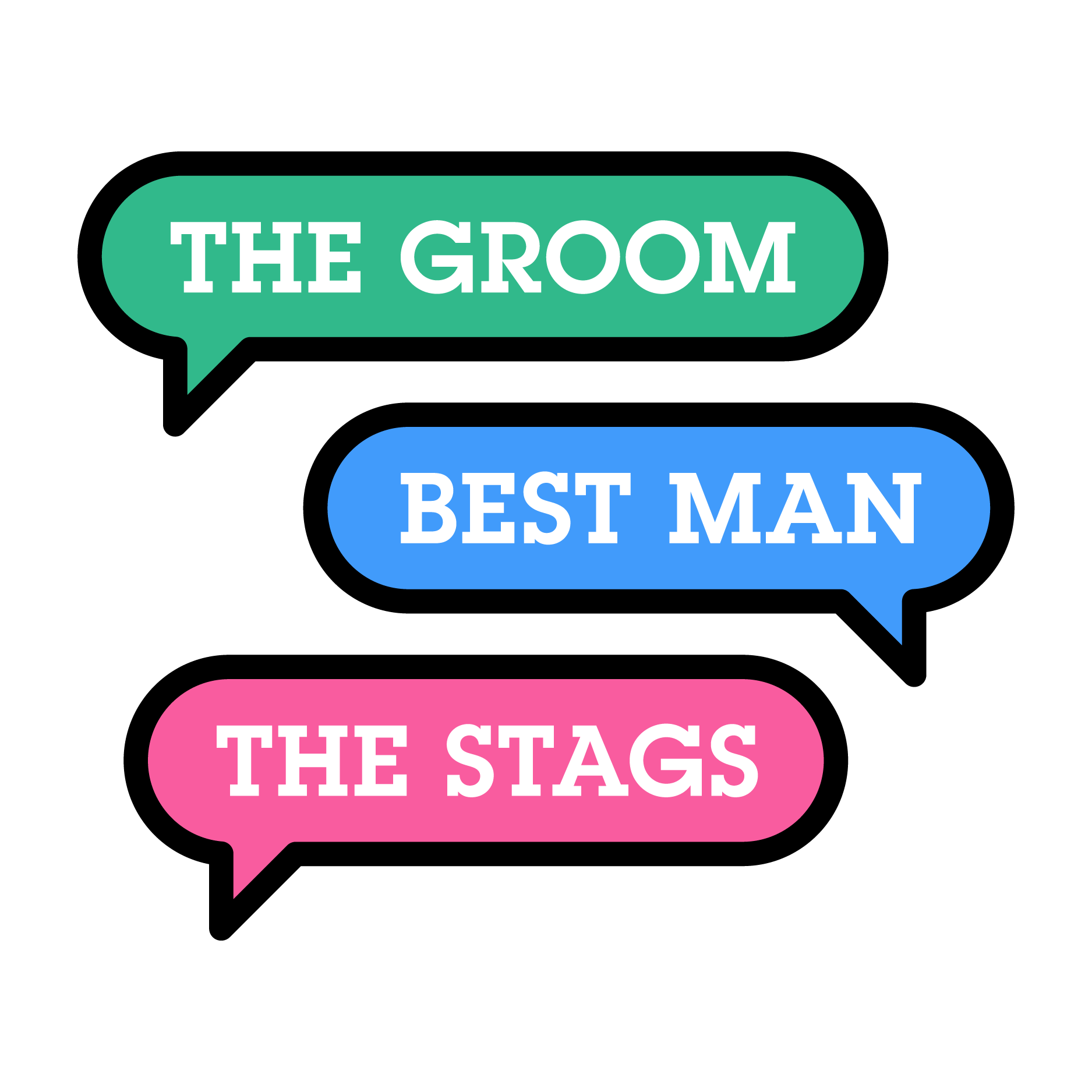 Icon of message bubbles saying the groom, best man and the stags