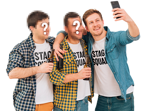 Three men in ‘stag squad’ t-shirts pose for a selfie, with everyone bar the photographer’s face blurred.