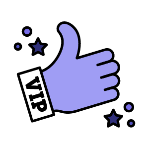 A purple icon of a thumbs up and some stars with a box that has text in it reading VIP.