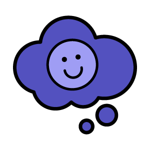 A purple icon in the shape of a thought bubble with a smiley face in the middle.