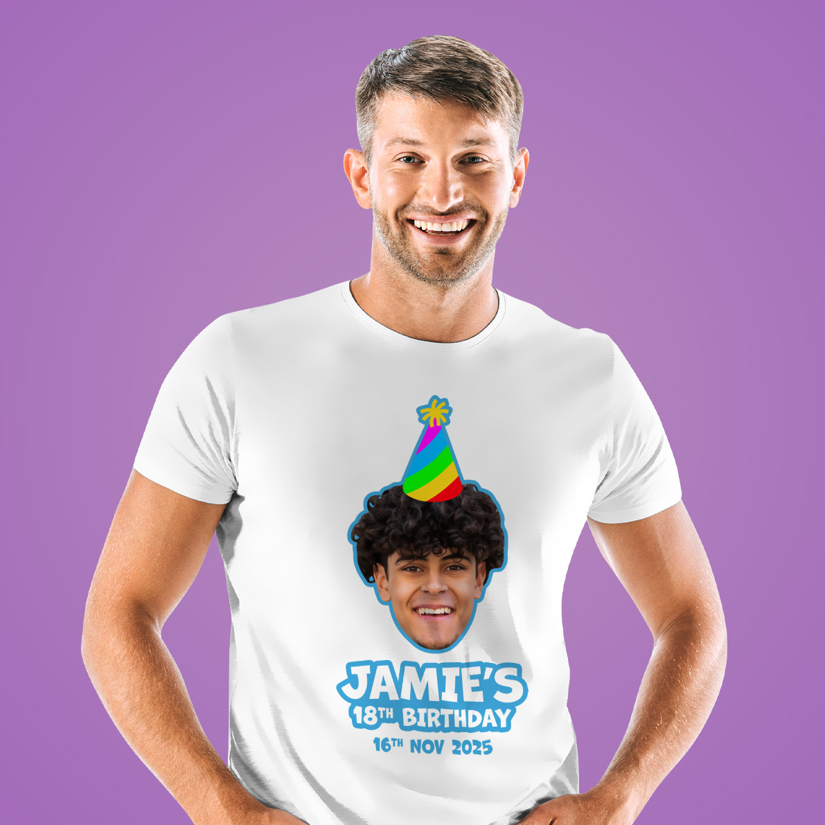 Man wearing white shirt that has a picture of another man’s face with a cartoon party hat on reading Jamie’s 18th Birthday