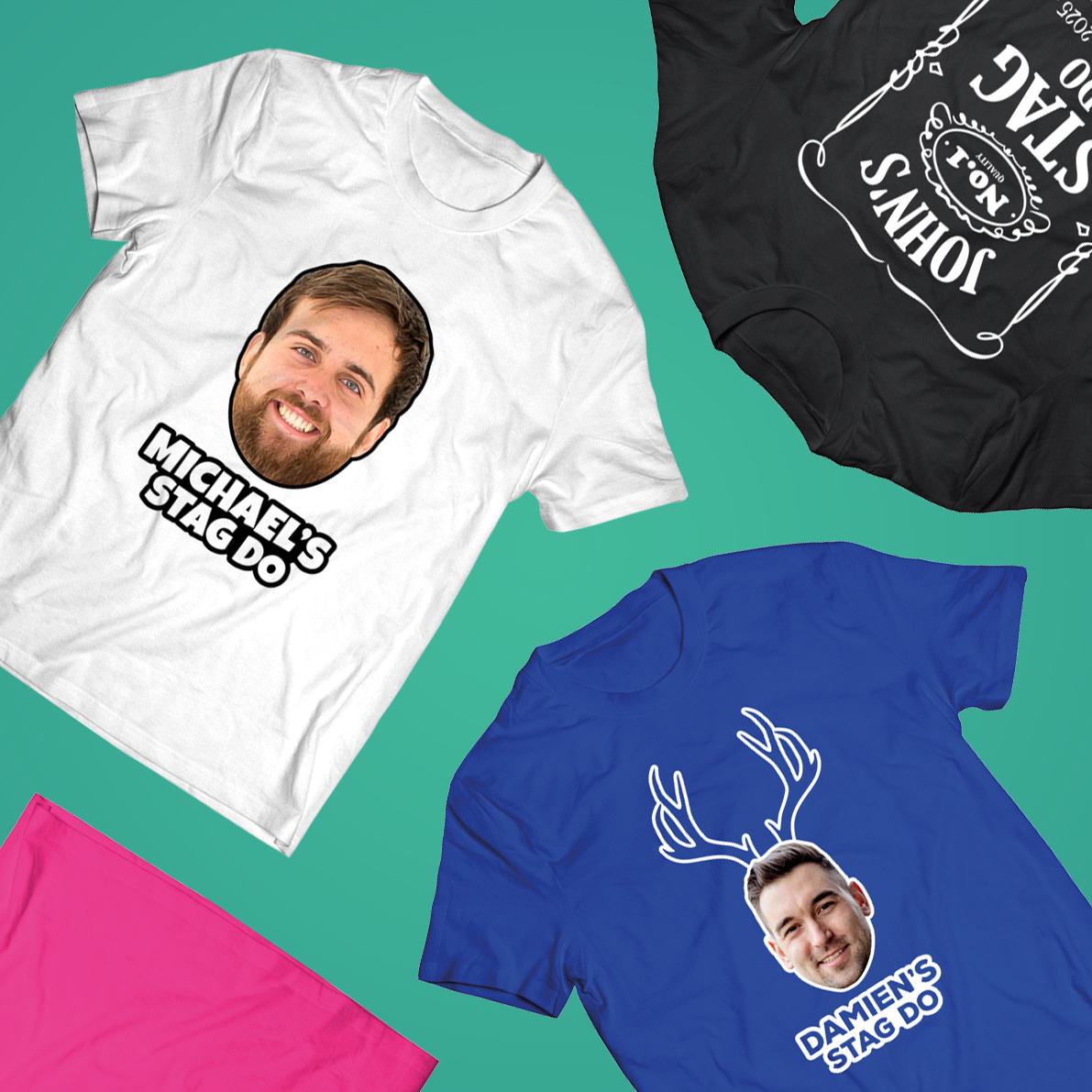 A selection of stag do t-shirts with different designs 
