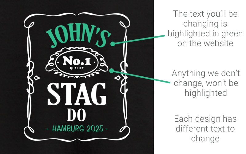 A stag shirt design showing that you can personalise the name and location of the stag 