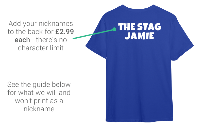 Image of blue shirt showing you can add nicknames on the back of the shirt for £2.99 each 