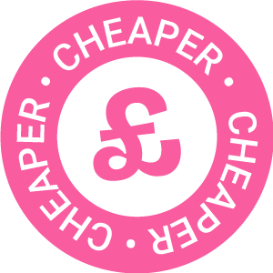 Pink pound sign icon that reads Cheaper