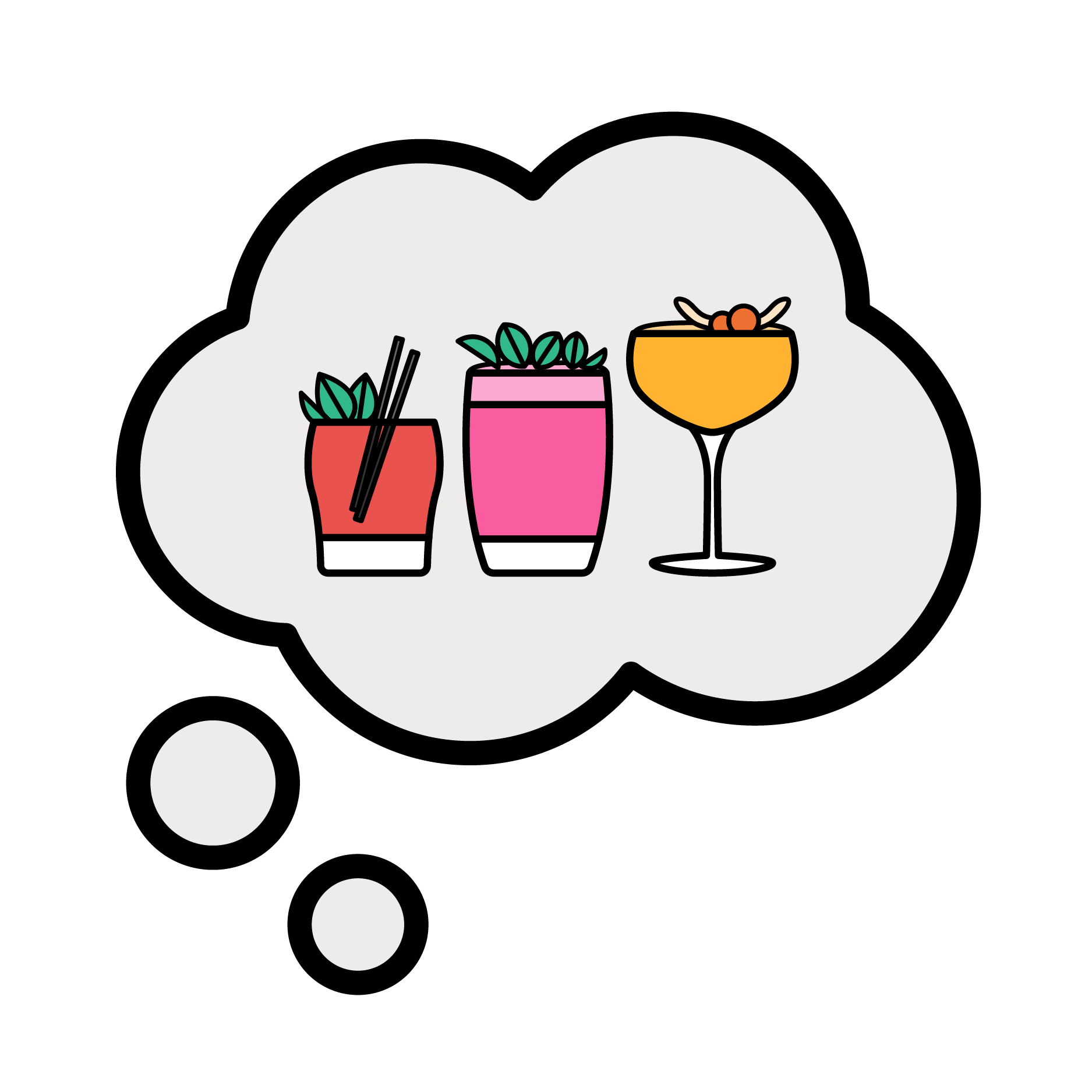 An icon of a thought bubble with three colourful cocktails in it
