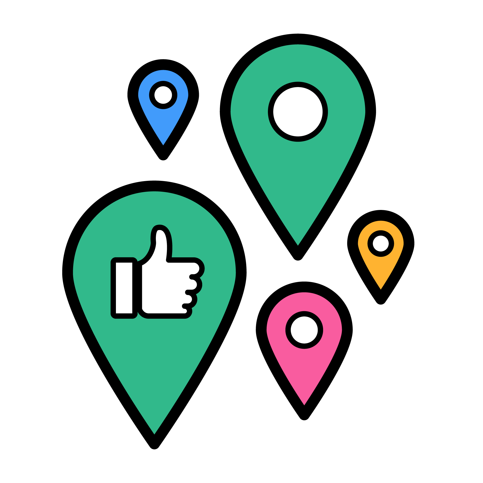 An icon of five map pins one of which has a thumbs up inside it