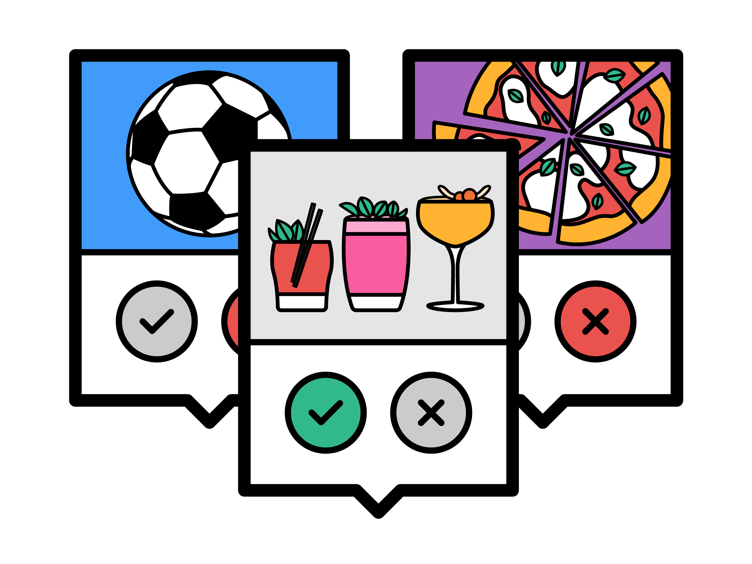 An Illustration of three popups to accept or decline, with a football, some drinks and a pizza