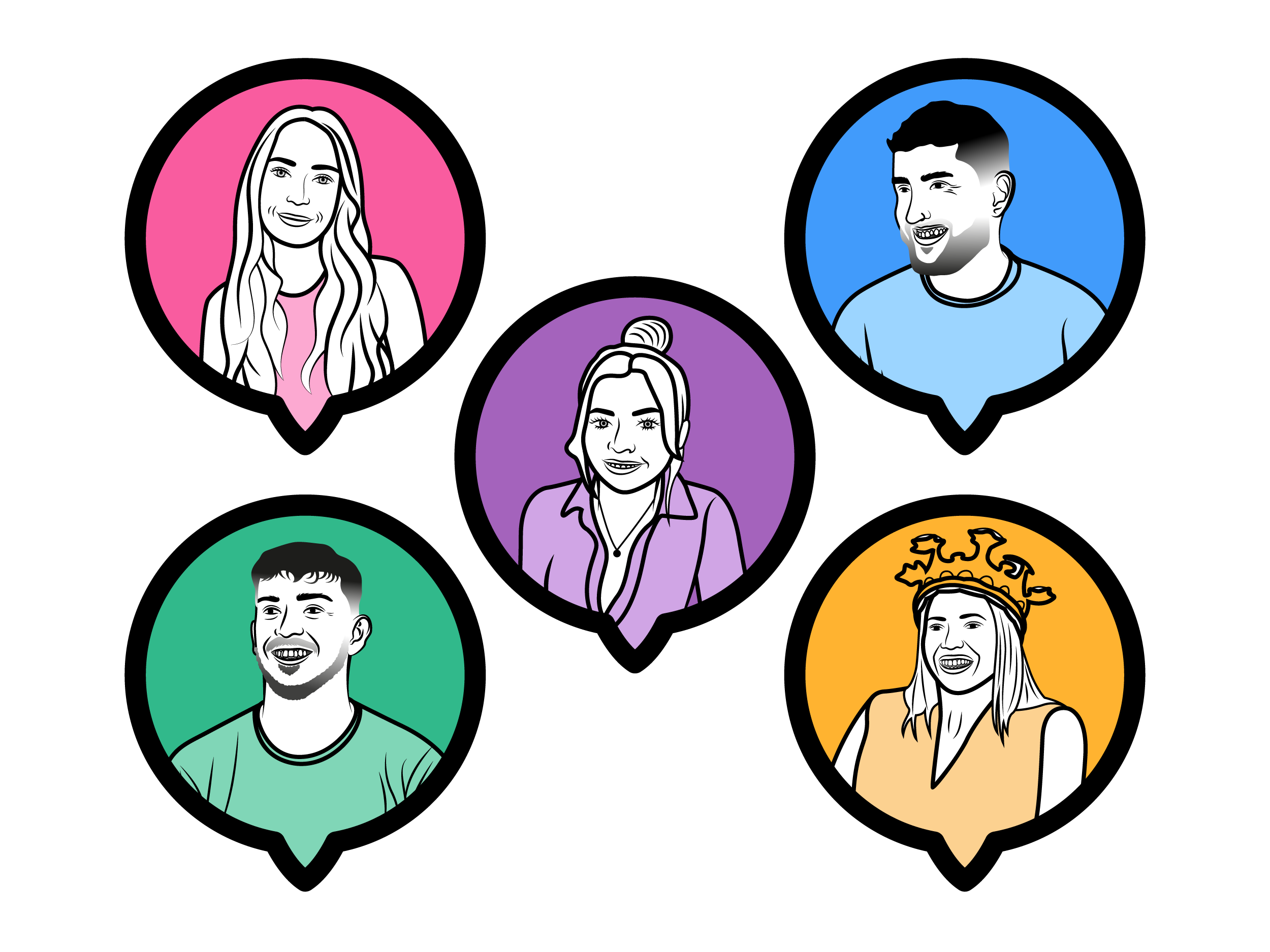 An Illustration of four of LNOF’s staff in colourful speech bubbles