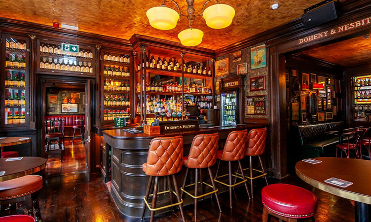 The interior of Bier Keller, Newcastle, with wooden benches and seats