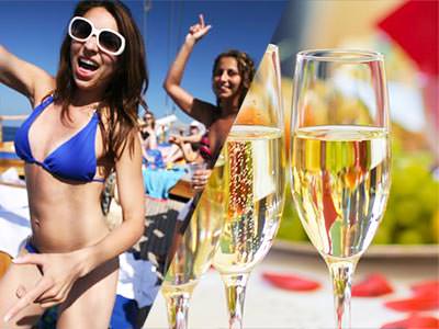 Split image of a woman in a bikini, holding her hand in the air, and two full champagne flutes