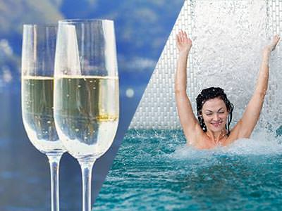 A split image of two glasses of prosecco and a woman jumping into a pool