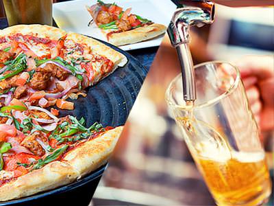 Split image of a pizza with a slice in the background, and a pint of beer being poured from a tap