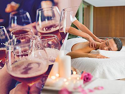 Split image of people toasting with brandy glasses, and a woman receiving a back massage
