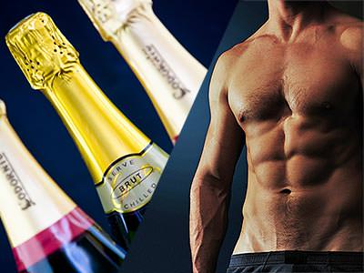 Split image of three champagne bottles, and a semi-naked man