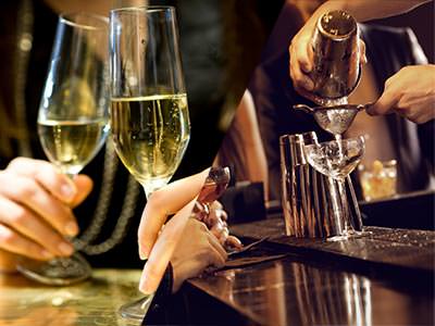 Split image of a bartender pouring a cocktail from a cocktail shaker, and two women's hands toasting with champagne flutes