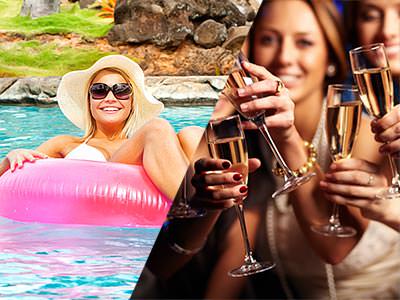 Split image of a woman sat in a pink rubber ring, and women holding champagne flutes in front of them