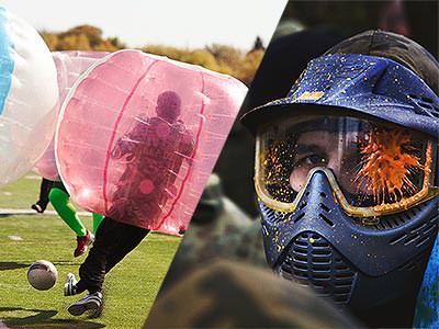 Split image of people playing with inflatable zorbs on a pitch, and a man in a mask and firing a paintball gun