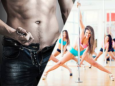 Split image of a man pulling off his belt from his jeans, and women pole dancing 