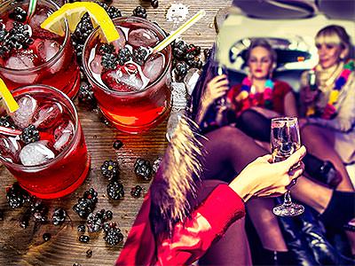 Split image of three red cocktails, topped with ice and berries, and women sat in a limo