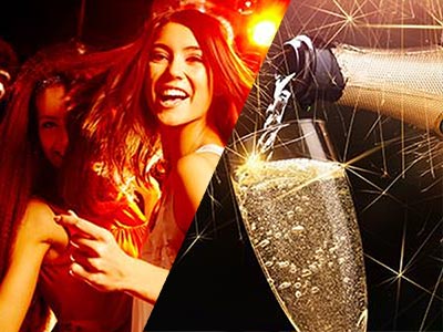 A split image of some girls dancing in a nightclub and some Champagne being poured