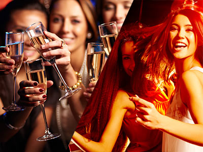 A split image of a group of girls cheering with champagne glasses and two girls dancing